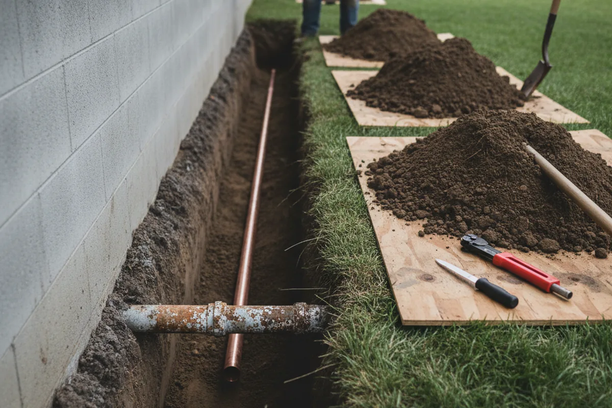 Excavated water line trench during Water Heater Repair in Pendleton